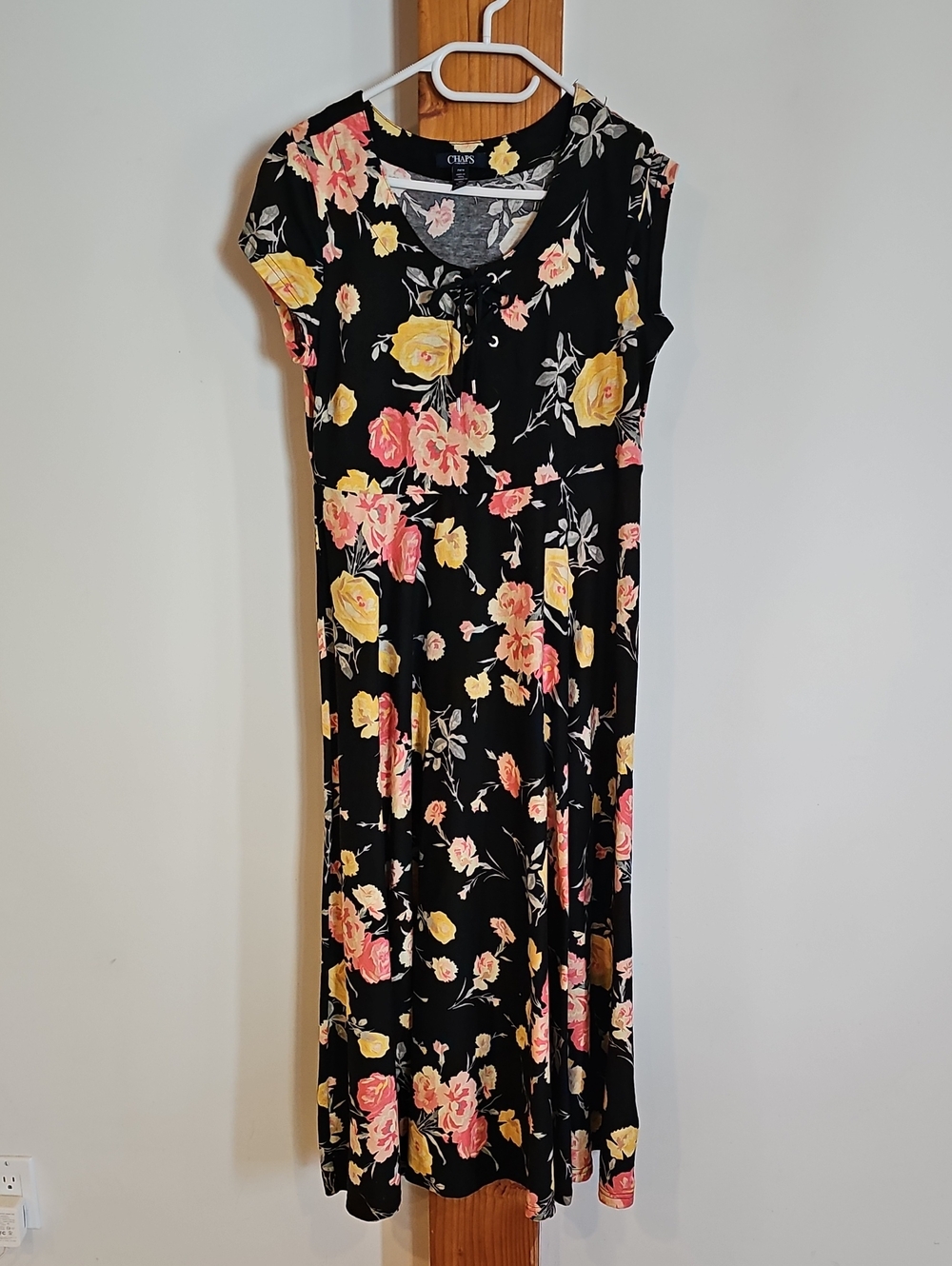 Chaps Black Floral Midi Dress with Pink & Yellow Roses